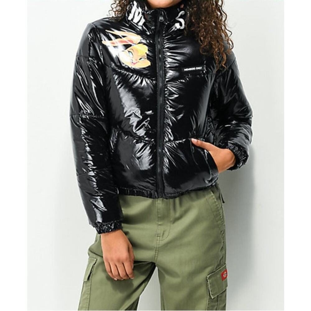 Members Only Glossy Black Puffer Jacket with Yellow Accent